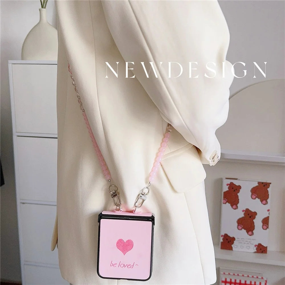 For Samsung Galaxy Z Flip7 FE 5G / Z Flip6 5G Case Heart Pattern Leather+PC Phone Cover with Crossbody Beaded Strap - Pink - 5