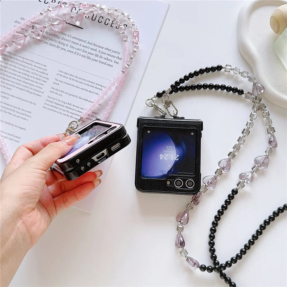 For Samsung Galaxy Z Flip7 FE 5G / Z Flip6 5G Case Heart Pattern Leather+PC Phone Cover with Crossbody Beaded Strap - Pink - 6