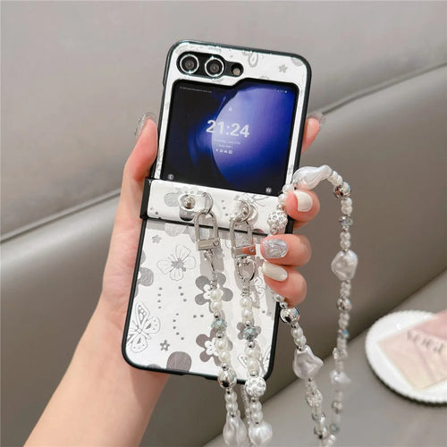 For Samsung Galaxy Z Flip7 FE 5G / Z Flip6 5G Case Butterfly Pattern Leather+PC Phone Cover with Crossbody Beaded Strap - White - 1