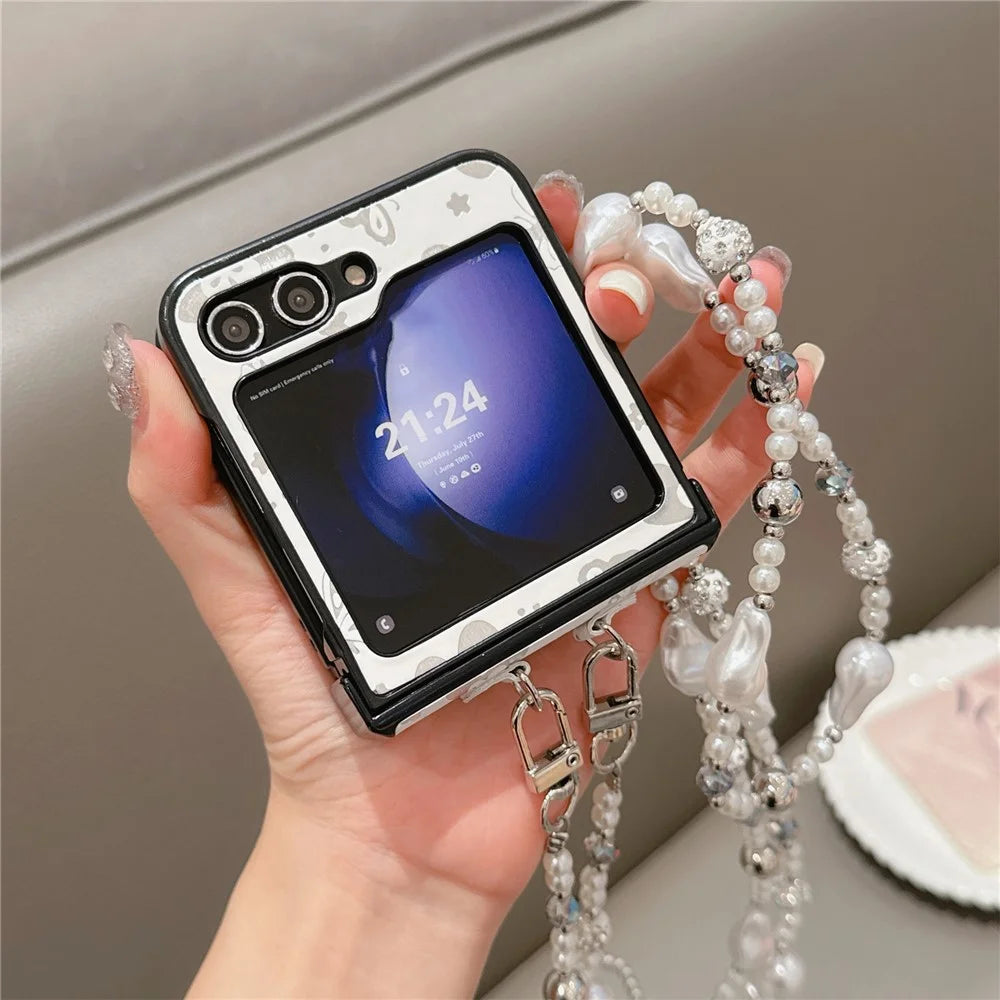 For Samsung Galaxy Z Flip7 FE 5G / Z Flip6 5G Case Butterfly Pattern Leather+PC Phone Cover with Crossbody Beaded Strap - White - 2