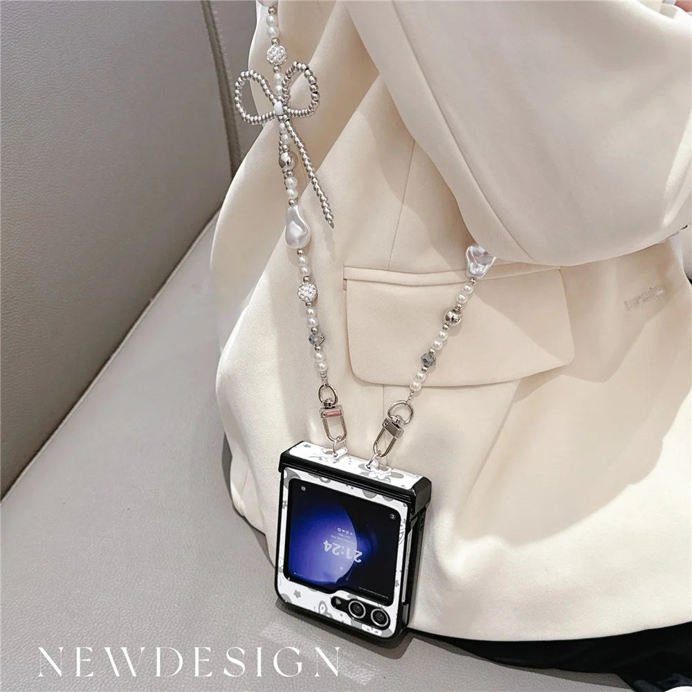 For Samsung Galaxy Z Flip7 FE 5G / Z Flip6 5G Case Butterfly Pattern Leather+PC Phone Cover with Crossbody Beaded Strap - White - 3