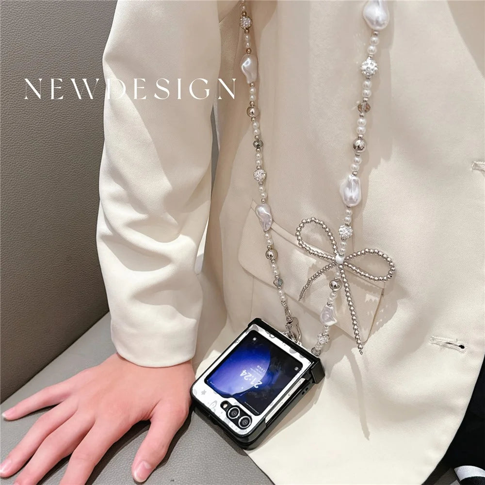 For Samsung Galaxy Z Flip7 FE 5G / Z Flip6 5G Case Butterfly Pattern Leather+PC Phone Cover with Crossbody Beaded Strap - White - 4