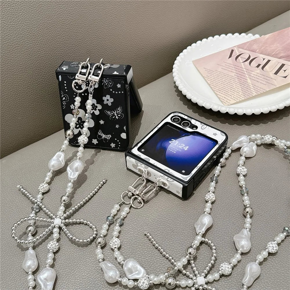 For Samsung Galaxy Z Flip7 FE 5G / Z Flip6 5G Case Butterfly Pattern Leather+PC Phone Cover with Crossbody Beaded Strap - White - 6