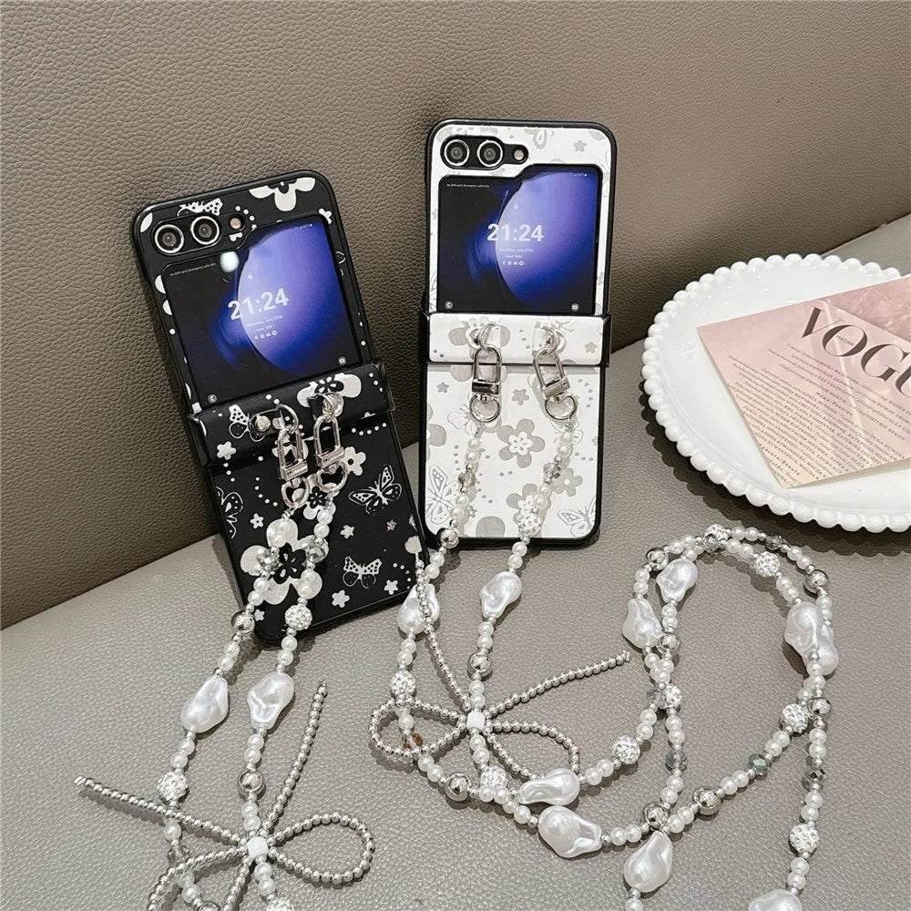 For Samsung Galaxy Z Flip7 FE 5G / Z Flip6 5G Case Butterfly Pattern Leather+PC Phone Cover with Crossbody Beaded Strap - White - 7