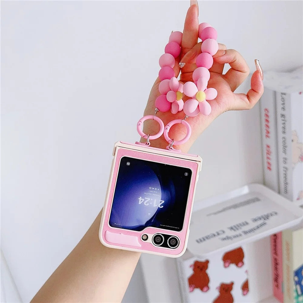 For Samsung Galaxy Z Flip7 FE 5G / Z Flip6 5G Case Skin-Touch Leather+PC Phone Cover with Beaded Wrist Strap - Pink - 2