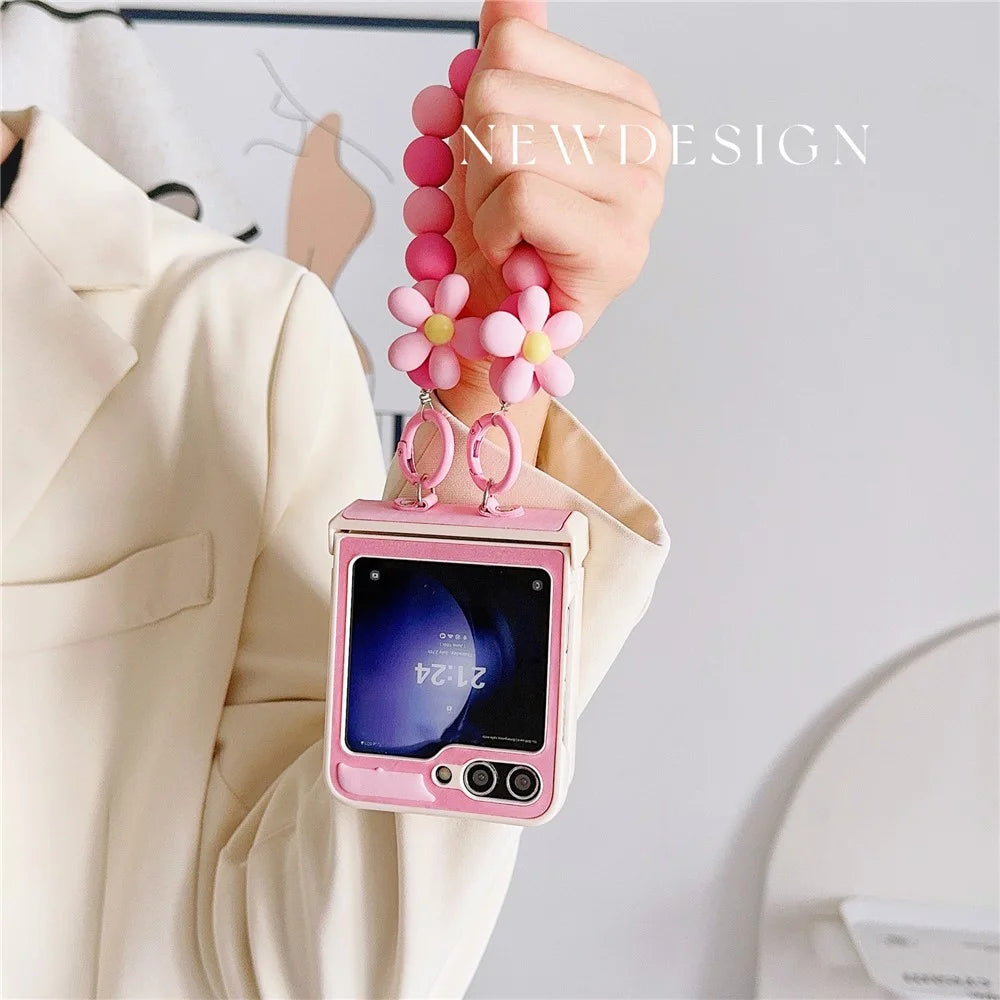 For Samsung Galaxy Z Flip7 FE 5G / Z Flip6 5G Case Skin-Touch Leather+PC Phone Cover with Beaded Wrist Strap - Pink - 3