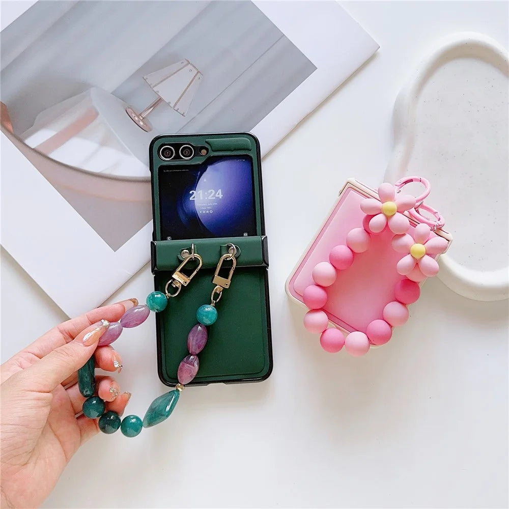 For Samsung Galaxy Z Flip7 FE 5G / Z Flip6 5G Case Skin-Touch Leather+PC Phone Cover with Beaded Wrist Strap - Pink - 5