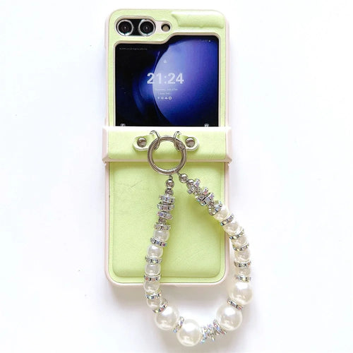 For Samsung Galaxy Z Flip7 FE 5G / Z Flip6 5G Case Crazy Horse Leather+PC Phone Cover with Wrist Pearl Strap - Light Green - 1
