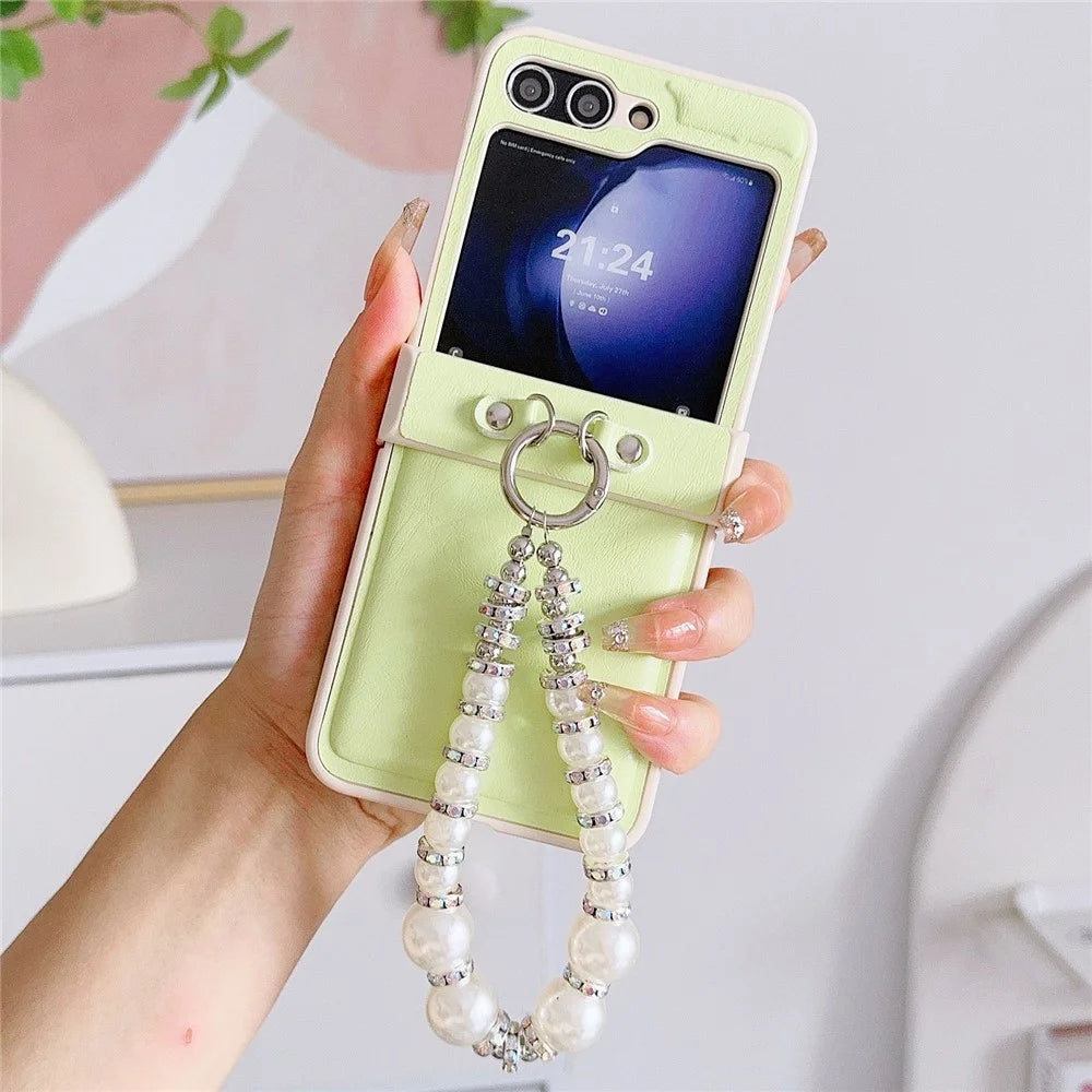 For Samsung Galaxy Z Flip7 FE 5G / Z Flip6 5G Case Crazy Horse Leather+PC Phone Cover with Wrist Pearl Strap - Light Green - 3