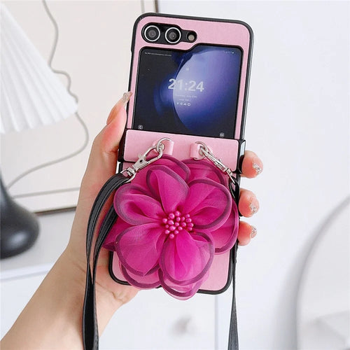 For Samsung Galaxy Z Flip7 FE 5G / Z Flip6 5G Case Organza Flower Leather+PC Phone Cover with Crossbody Lanyard - Pink - 1