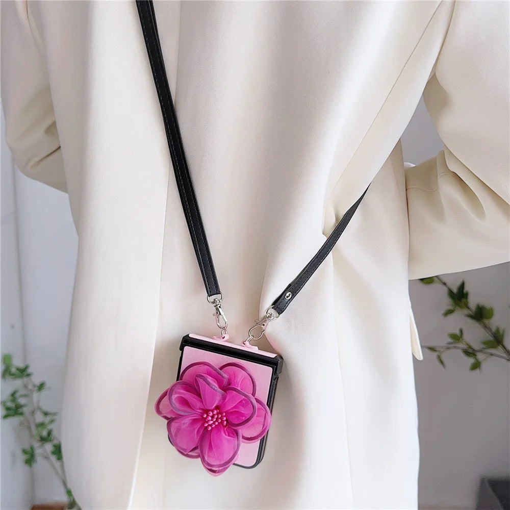 For Samsung Galaxy Z Flip7 FE 5G / Z Flip6 5G Case Organza Flower Leather+PC Phone Cover with Crossbody Lanyard - Pink - 2