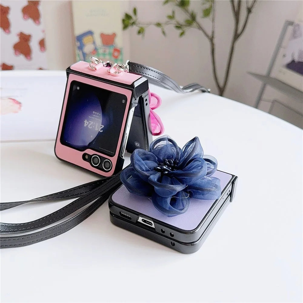 For Samsung Galaxy Z Flip7 FE 5G / Z Flip6 5G Case Organza Flower Leather+PC Phone Cover with Crossbody Lanyard - Pink - 3