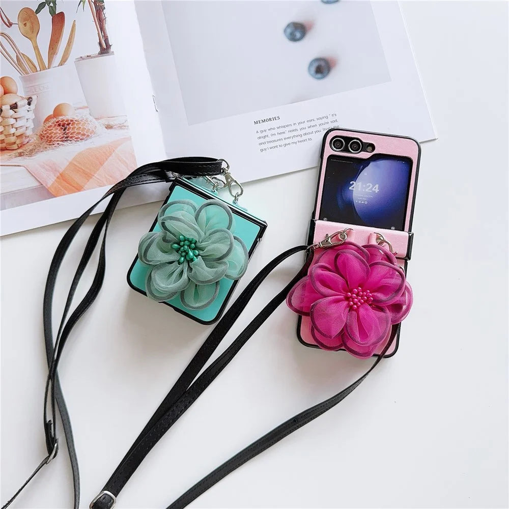 For Samsung Galaxy Z Flip7 FE 5G / Z Flip6 5G Case Organza Flower Leather+PC Phone Cover with Crossbody Lanyard - Pink - 4