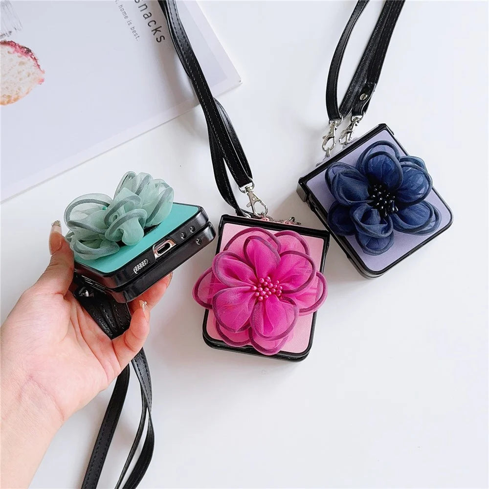 For Samsung Galaxy Z Flip7 FE 5G / Z Flip6 5G Case Organza Flower Leather+PC Phone Cover with Crossbody Lanyard - Pink - 5