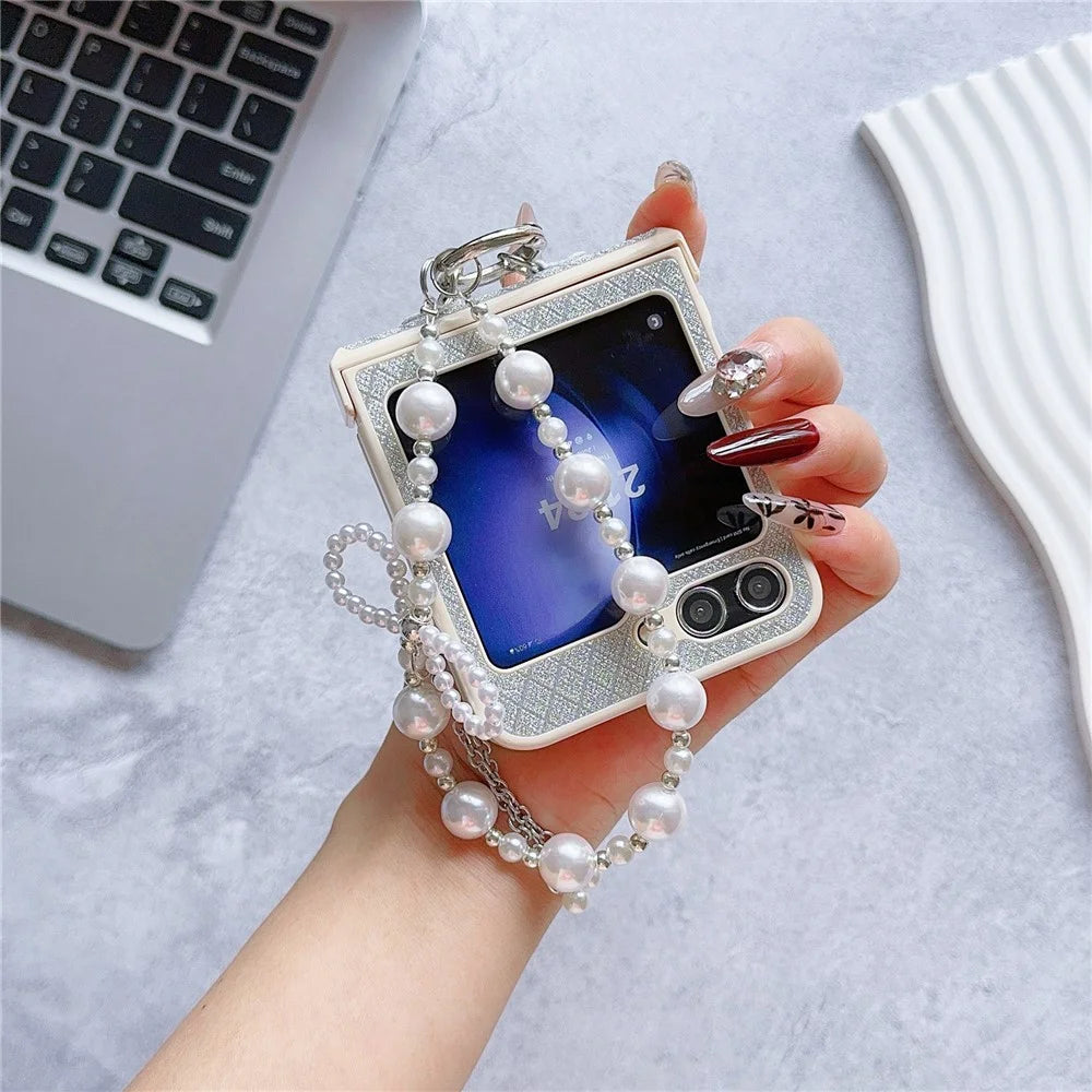 For Samsung Galaxy Z Flip7 FE 5G / Z Flip6 5G Case Glitter Lattice Leather+PC Phone Cover with Beaded Wrist Strap - Silver - 2
