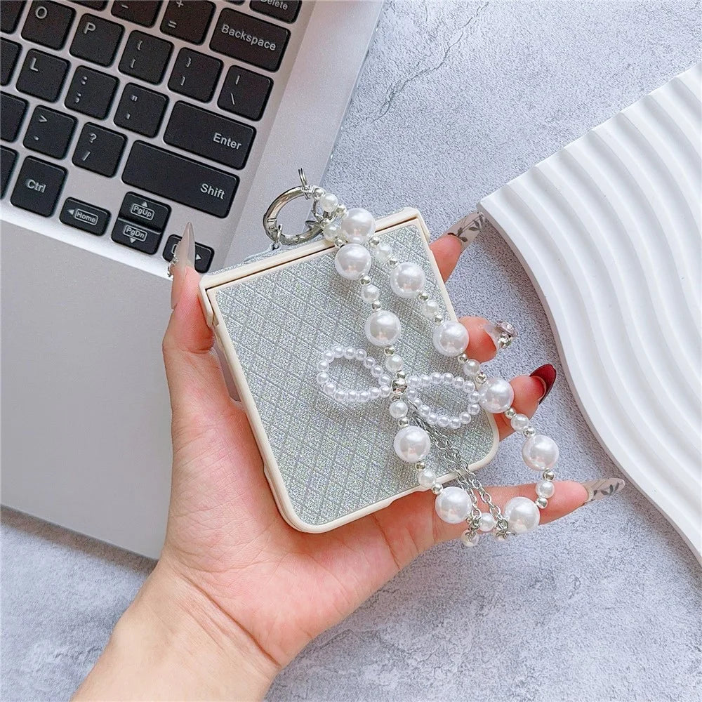 For Samsung Galaxy Z Flip7 FE 5G / Z Flip6 5G Case Glitter Lattice Leather+PC Phone Cover with Beaded Wrist Strap - Silver - 3