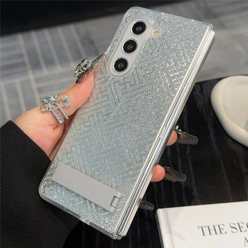 For Samsung Galaxy Z Fold6 5G Case Invisible Kickstand Leather+PC Phone Cover - Geometric / Silver - 1