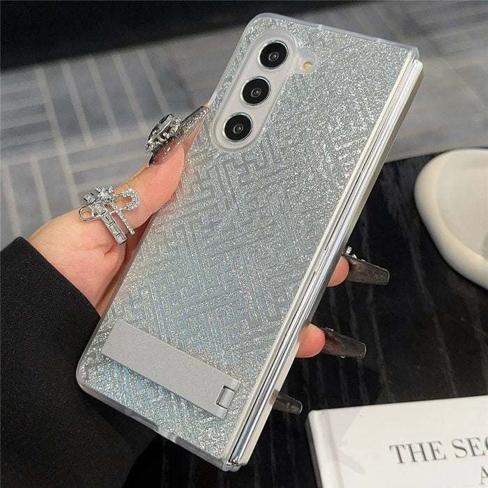 For Samsung Galaxy Z Fold6 5G Case Invisible Kickstand Leather+PC Phone Cover - Geometric / Silver - 1