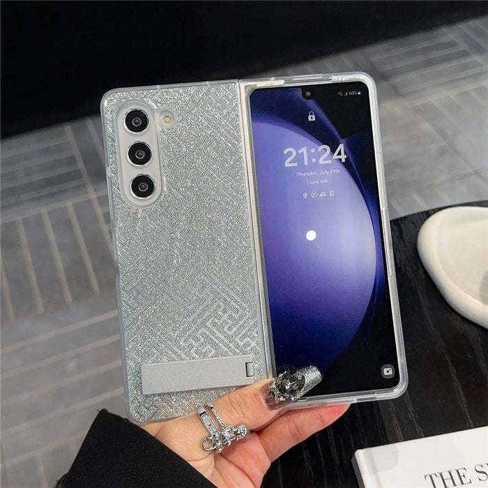 For Samsung Galaxy Z Fold6 5G Case Invisible Kickstand Leather+PC Phone Cover - Geometric / Silver - 2