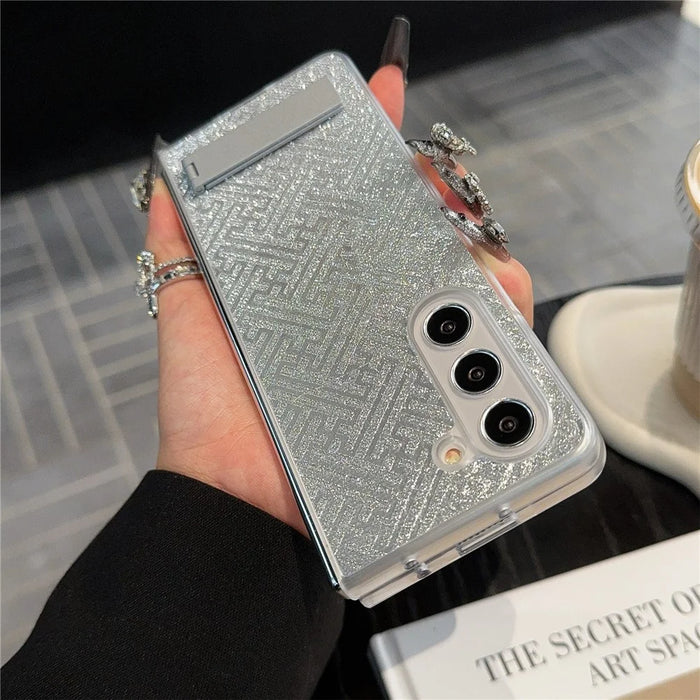 For Samsung Galaxy Z Fold6 5G Case Invisible Kickstand Leather+PC Phone Cover - Geometric / Silver - 4