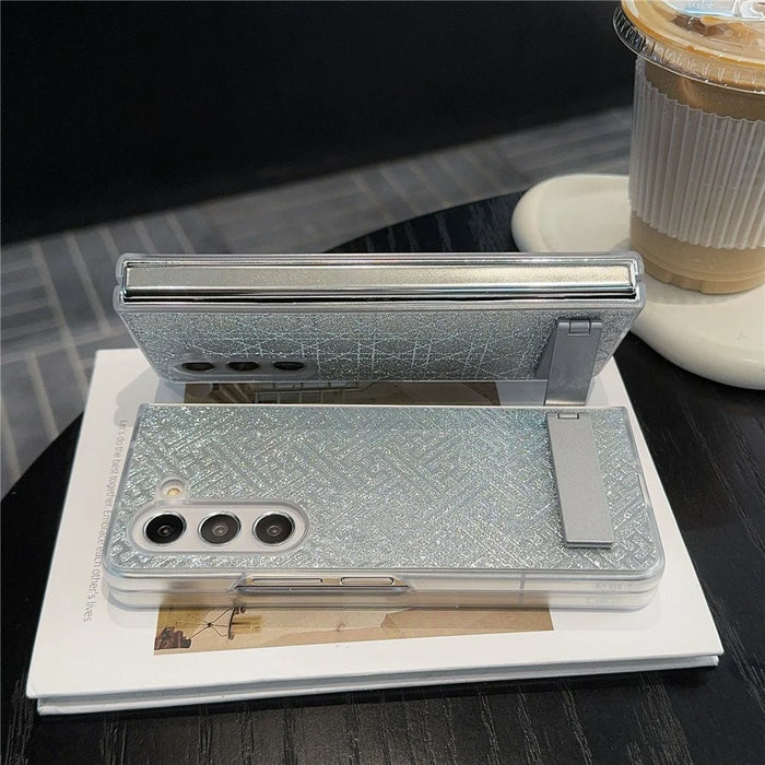 For Samsung Galaxy Z Fold6 5G Case Invisible Kickstand Leather+PC Phone Cover - Geometric / Silver - 5
