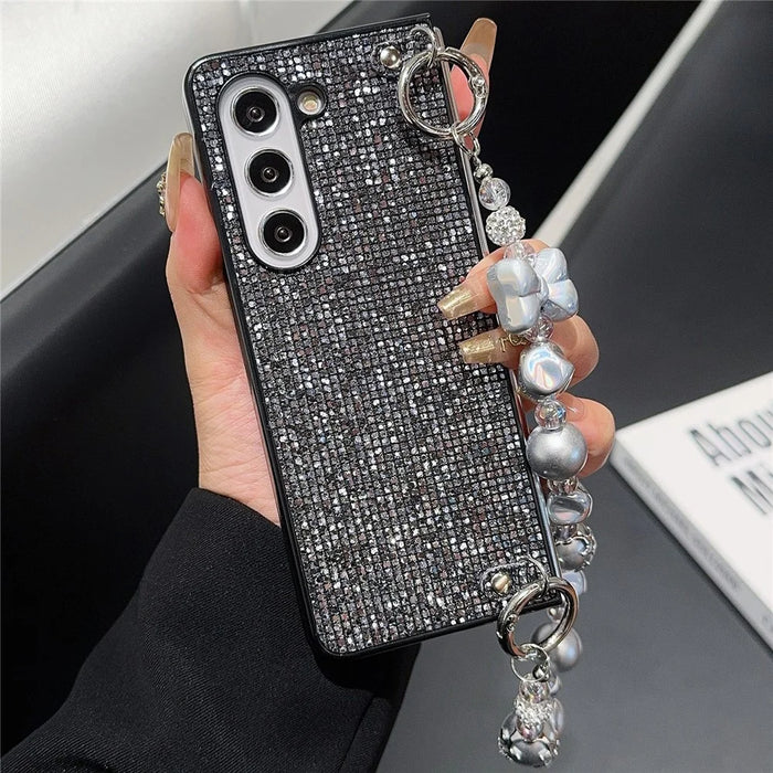 For Samsung Galaxy Z Fold6 5G Case Glitter Leather+PC Phone Cover with Beaded Strap - Black - 1