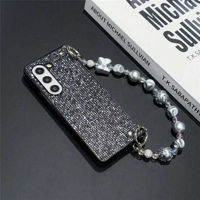 For Samsung Galaxy Z Fold6 5G Case Glitter Leather+PC Phone Cover with Beaded Strap - Black - 3