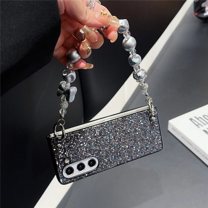 For Samsung Galaxy Z Fold6 5G Case Glitter Leather+PC Phone Cover with Beaded Strap - Black - 4
