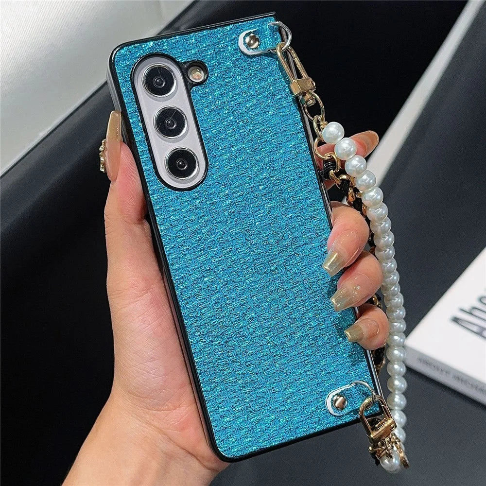 For Samsung Galaxy Z Fold6 5G Case Silk Thread Leather+PC Phone Cover with Pearl Wrist Strap - Blue - 1
