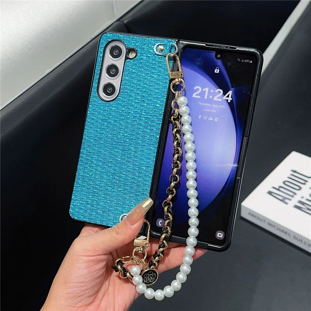 For Samsung Galaxy Z Fold6 5G Case Silk Thread Leather+PC Phone Cover with Pearl Wrist Strap - Blue - 2