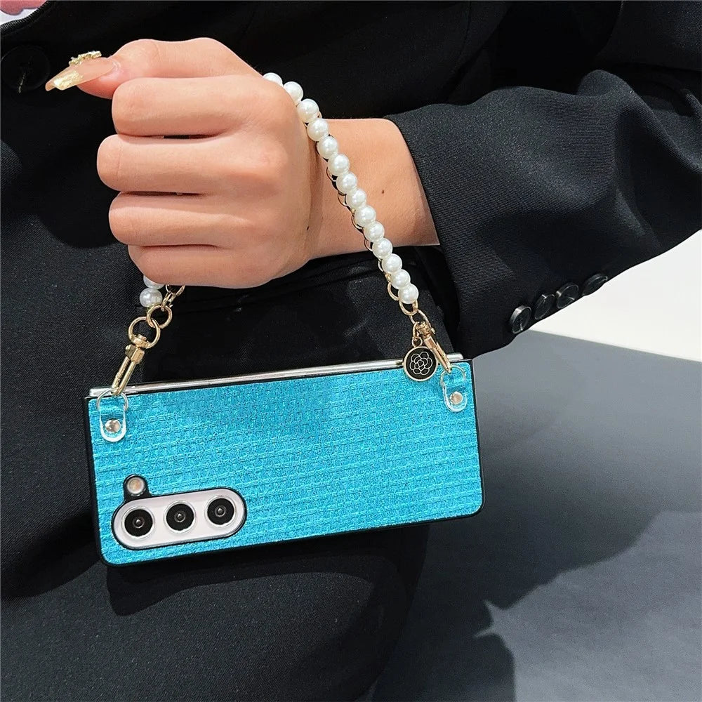 For Samsung Galaxy Z Fold6 5G Case Silk Thread Leather+PC Phone Cover with Pearl Wrist Strap - Blue - 3