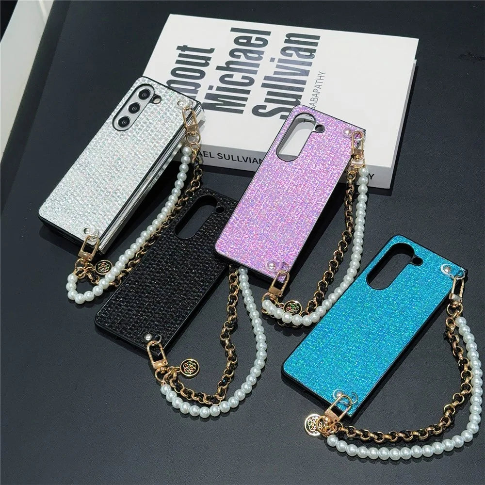 For Samsung Galaxy Z Fold6 5G Case Silk Thread Leather+PC Phone Cover with Pearl Wrist Strap - Blue - 4