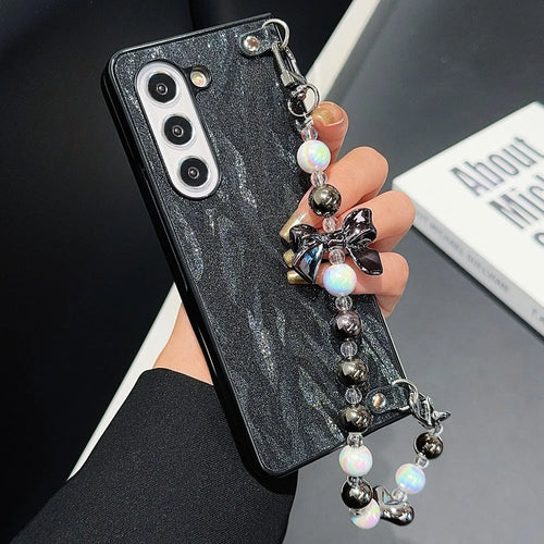For Samsung Galaxy Z Fold6 5G Case Feather Yarn Leather+PC Phone Cover with Bow Beaded Strap - Black - 1