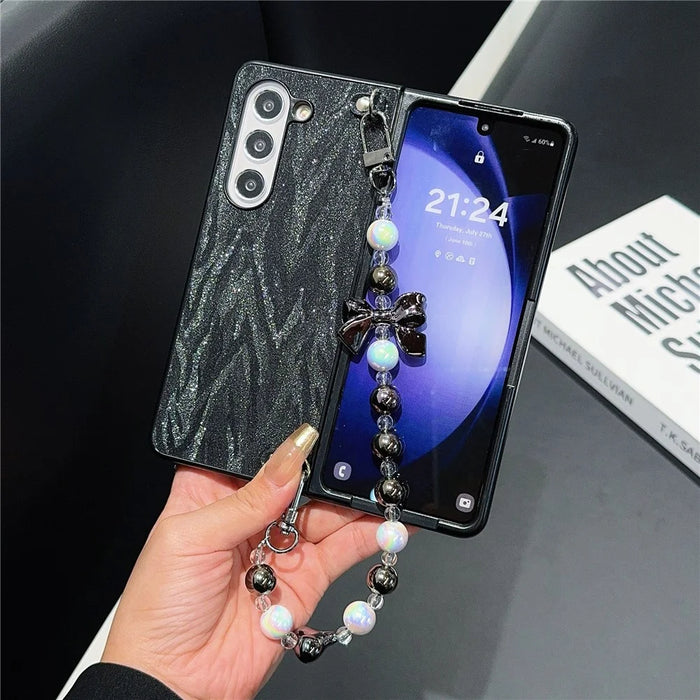 For Samsung Galaxy Z Fold6 5G Case Feather Yarn Leather+PC Phone Cover with Bow Beaded Strap - Black - 2