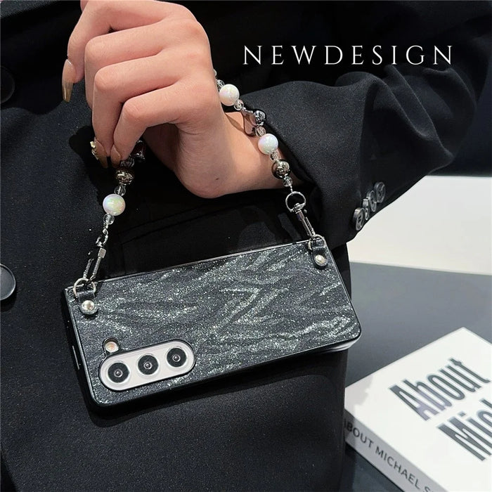 For Samsung Galaxy Z Fold6 5G Case Feather Yarn Leather+PC Phone Cover with Bow Beaded Strap - Black - 4