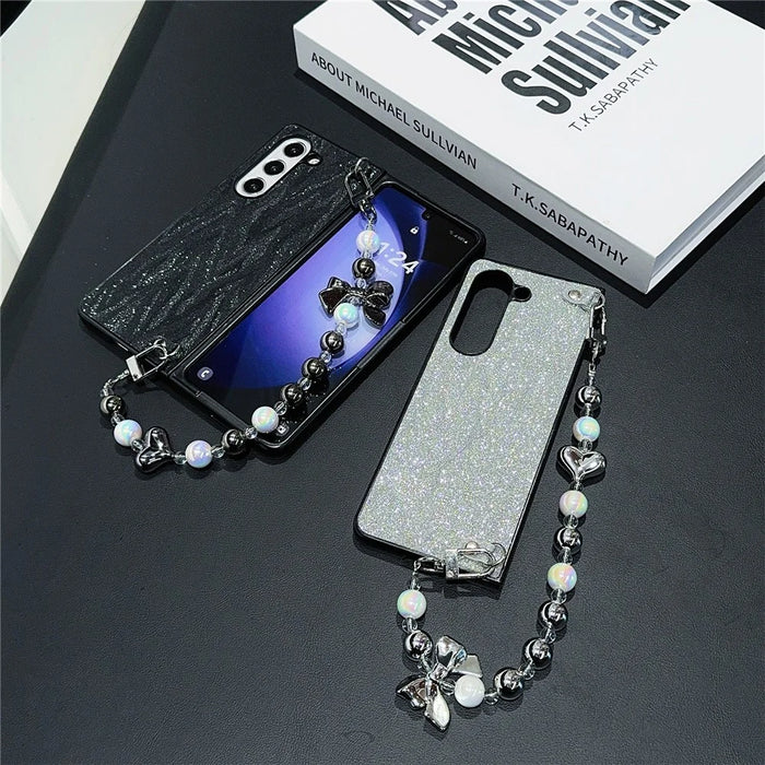 For Samsung Galaxy Z Fold6 5G Case Feather Yarn Leather+PC Phone Cover with Bow Beaded Strap - Black - 5