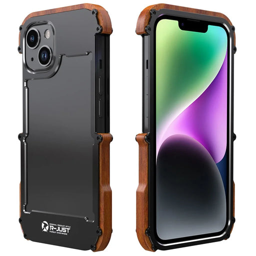 R-JUST For iPhone 14 Plus Shockproof Case Wood + Aluminum Alloy Frame Bumper Case Anti-Fall Phone Protector - 1