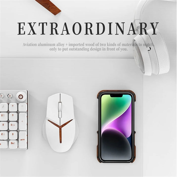 R-JUST For iPhone 14 Plus Shockproof Case Wood + Aluminum Alloy Frame Bumper Case Anti-Fall Phone Protector - 2