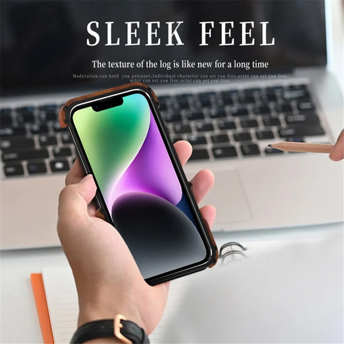 R-JUST For iPhone 14 Plus Shockproof Case Wood + Aluminum Alloy Frame Bumper Case Anti-Fall Phone Protector - 3