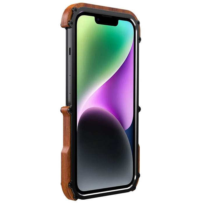 R-JUST For iPhone 14 Plus Shockproof Case Wood + Aluminum Alloy Frame Bumper Case Anti-Fall Phone Protector - 4