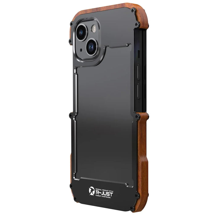 R-JUST For iPhone 14 Plus Shockproof Case Wood + Aluminum Alloy Frame Bumper Case Anti-Fall Phone Protector - 5