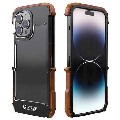 R-JUST Shockproof Bumper Case for iPhone 14 Pro Max Wood + Aluminum Alloy Frame Phone Cover Anti-Fall Protective Phone Case - 1