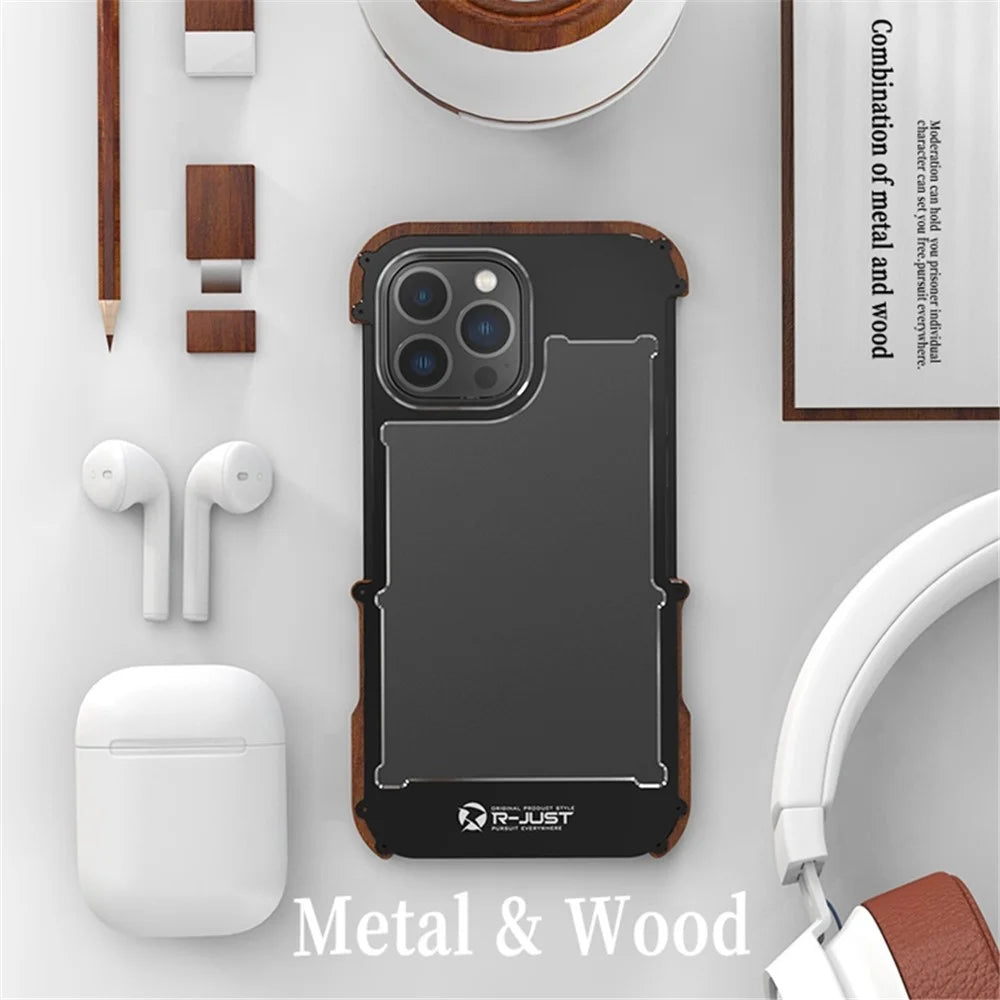 R-JUST Shockproof Bumper Case for iPhone 14 Pro Max Wood + Aluminum Alloy Frame Phone Cover Anti-Fall Protective Phone Case - 6