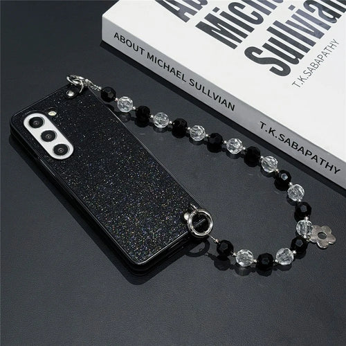 For Samsung Galaxy Z Fold6 5G Case Glitter Finish Leather+PC Phone Cover with Beaded Strap - Black - 1