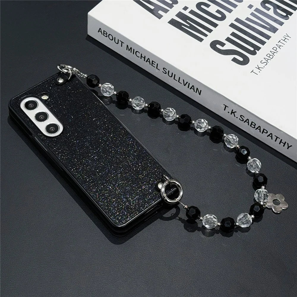 For Samsung Galaxy Z Fold6 5G Case Glitter Finish Leather+PC Phone Cover with Beaded Strap - Black - 1