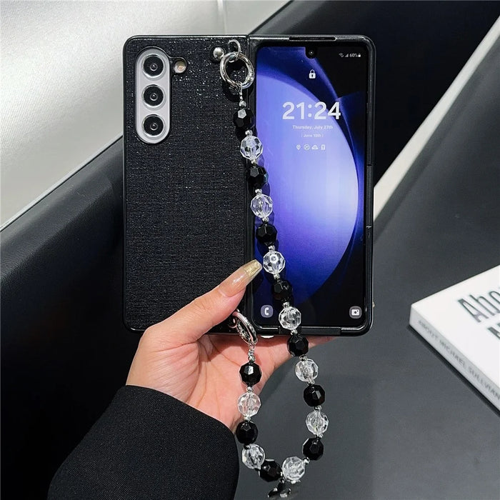For Samsung Galaxy Z Fold6 5G Case Glitter Finish Leather+PC Phone Cover with Beaded Strap - Black - 2