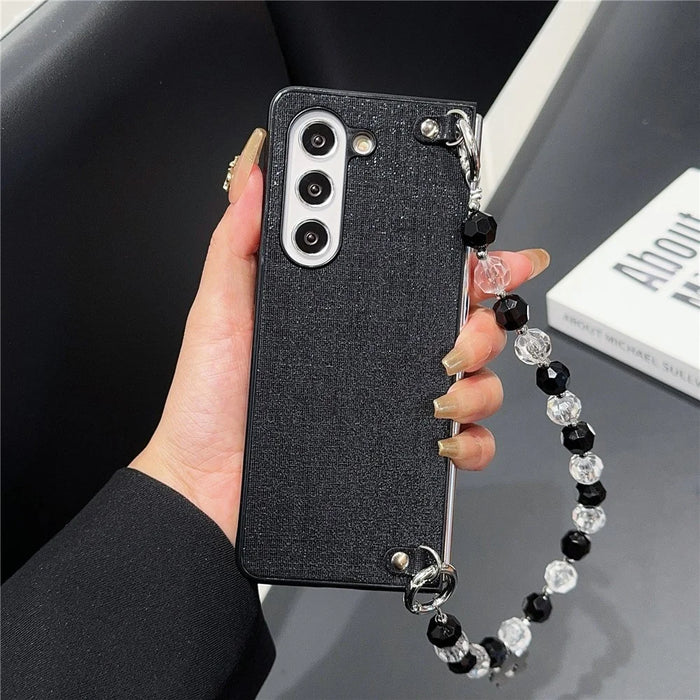For Samsung Galaxy Z Fold6 5G Case Glitter Finish Leather+PC Phone Cover with Beaded Strap - Black - 3