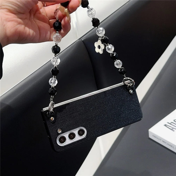 For Samsung Galaxy Z Fold6 5G Case Glitter Finish Leather+PC Phone Cover with Beaded Strap - Black - 5