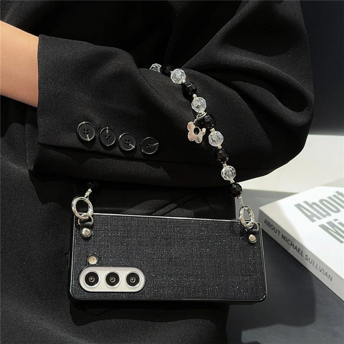 For Samsung Galaxy Z Fold6 5G Case Glitter Finish Leather+PC Phone Cover with Beaded Strap - Black - 6