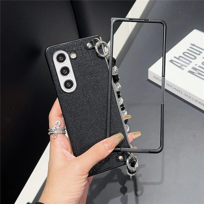 For Samsung Galaxy Z Fold6 5G Case Glitter Finish Leather+PC Phone Cover with Beaded Strap - Black - 7